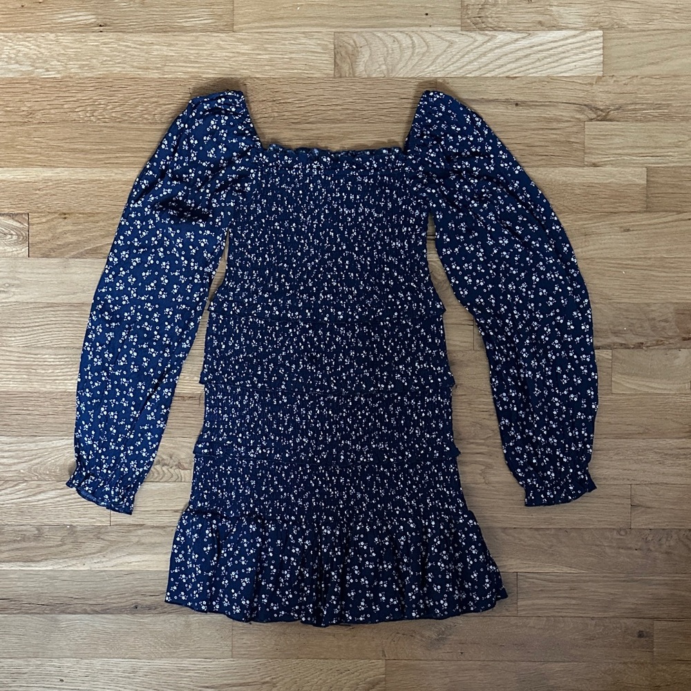 Katie J NYC Navy Floral Smocked Long-Sleeve Dress
